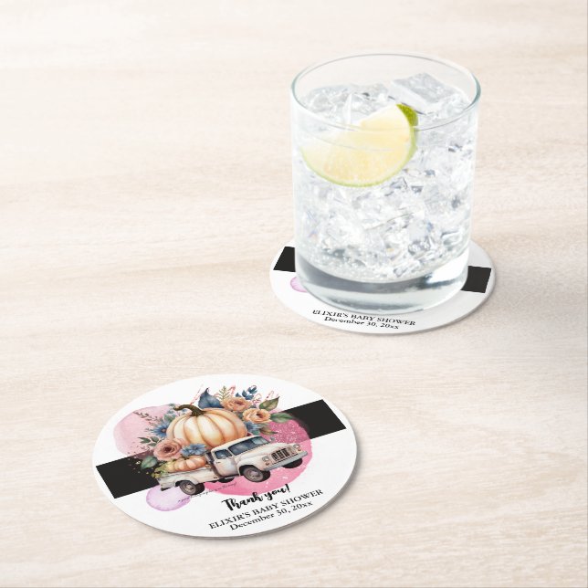 Pumpkin Black Pink Floral Truck Baby Shower Round Paper Coaster (Insitu)