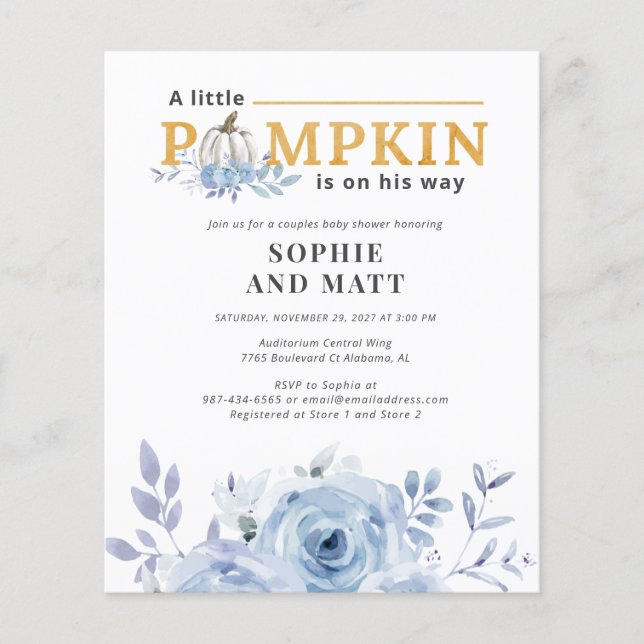 Pumpkin Blue Botanical Boys Baby Shower Invitation Flyer (Front)