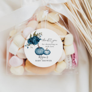 Pumpkin Blue Floral Baby Shower Favour Classic Round Sticker