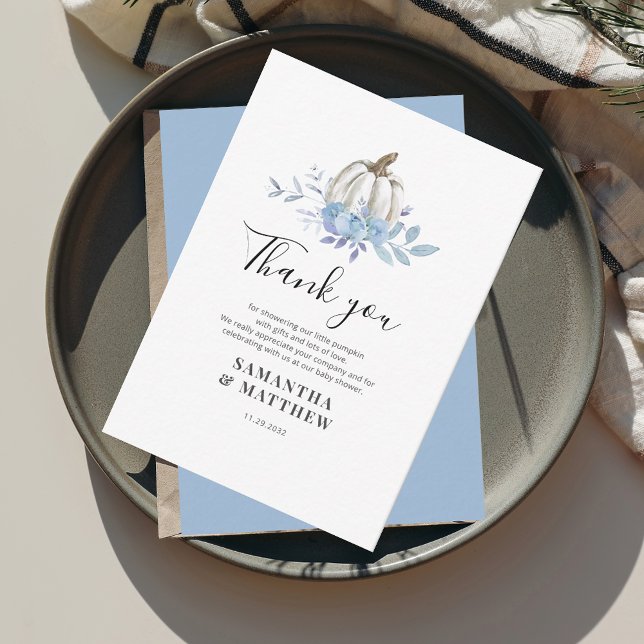 Pumpkin Blue Floral Baby Shower Thank You Card (Fall Pumpkin Couples Baby Shower Script Thank You Card)