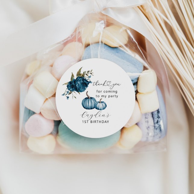 Pumpkin Blue Floral Birthday Party Favour Classic Round Sticker (Creator Uploaded)