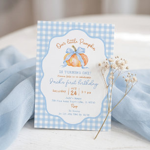 Pumpkin Blue Gingham First Birthday Invitation