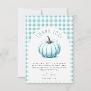 Pumpkin Blue Gingham Plaid Boy Baby Shower Thank You Card