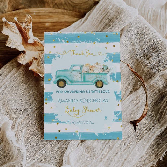 Pumpkin Blue Gold Fall Autumn Baby Shower  Thank You Card (Creator Uploaded)