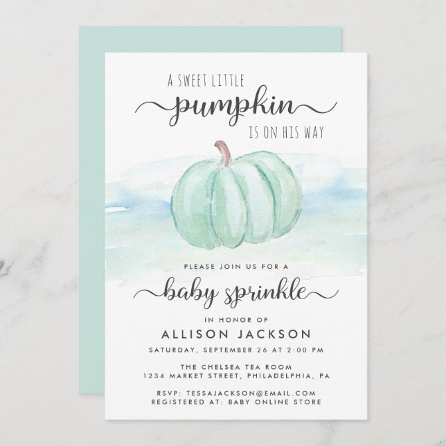 Pumpkin Blue Mint Watercolor Baby Boy Sprinkle Invitation (Front/Back)