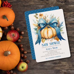 Pumpkin Blue Ribbon Boy Son Fall Baby Shower Invitation
