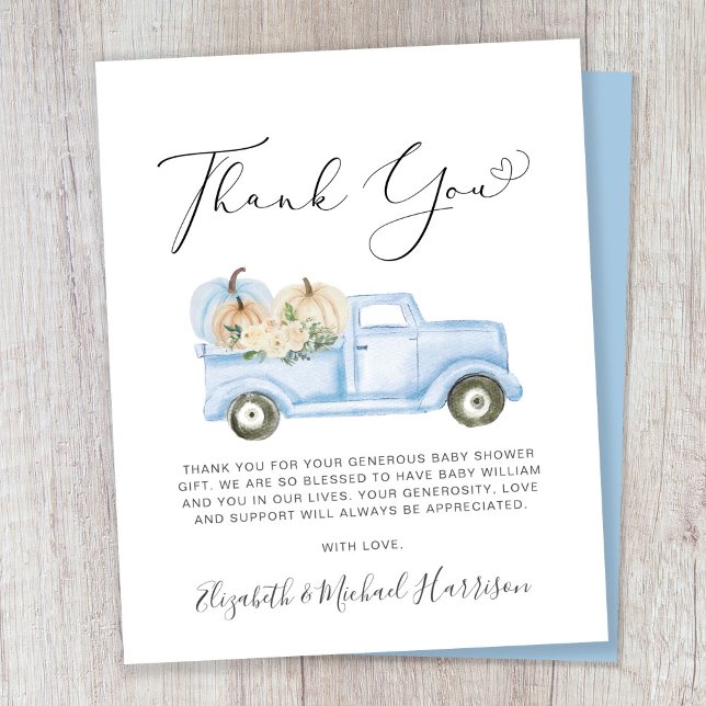Pumpkin Blue Truck Baby Boy Shower Thank You Card (Creator Uploaded)