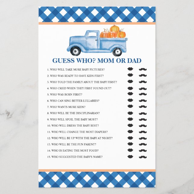 Pumpkin blue truck Baby Guess Who Baby Shower Game Flyer (Front)