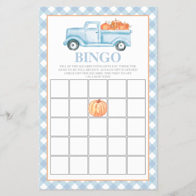 Pumpkin blue truck Baby Shower Bingo Flyer (Front)