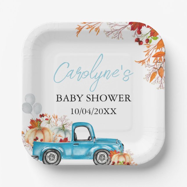Pumpkin Blue Truck Fall Baby Shower Paper Plate (Front)