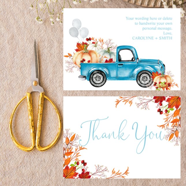 Pumpkin Blue Truck Fall Baby Shower Thank You Card (Creator Uploaded)