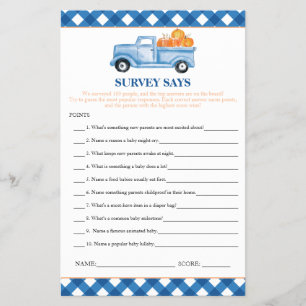 Pumpkin Blue Truck Survey Says Baby Shower Game Flyer