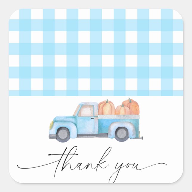 Pumpkin blue truck thank you square sticker (Front)