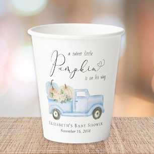 Pumpkin Blue Truck Watercolor Baby Boy Shower Paper Cups