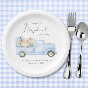 Pumpkin Blue Truck Watercolor Baby Boy Shower Paper Plate