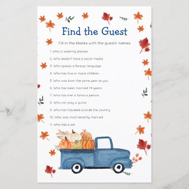 Pumpkin Blue Truck Watercolor Find the Guest game (Front)
