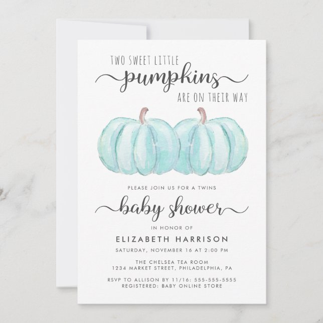 Pumpkin Blue Twin Baby Boys Shower Invitation (Front)