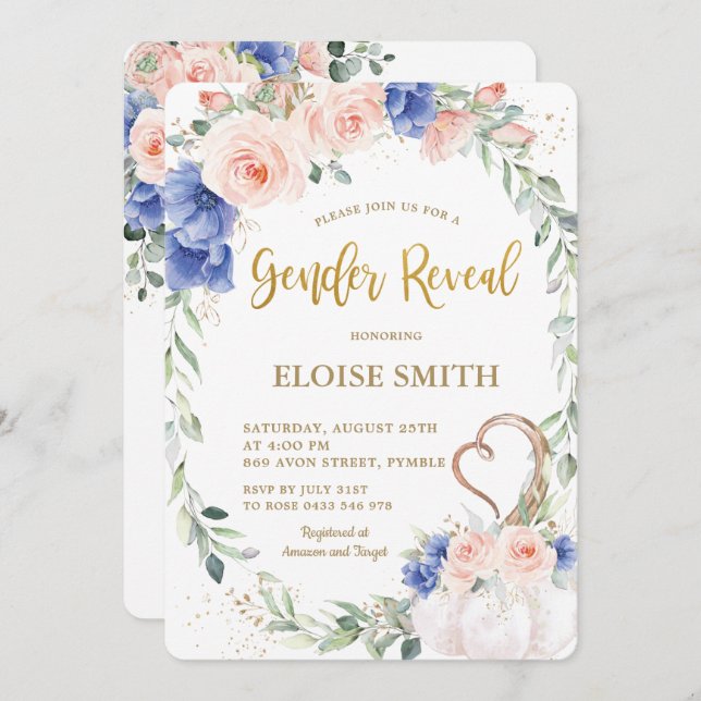 Pumpkin Blush Blue Floral Wreath Gender Reveal  Invitation (Front/Back)