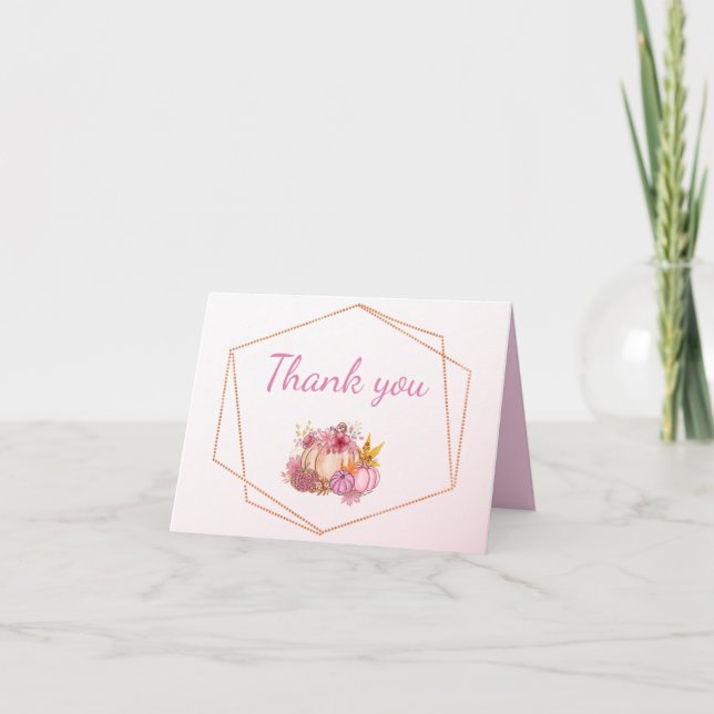 Pumpkin Blush Pink Famed Fall Baby Shower Thank You Card (Front)