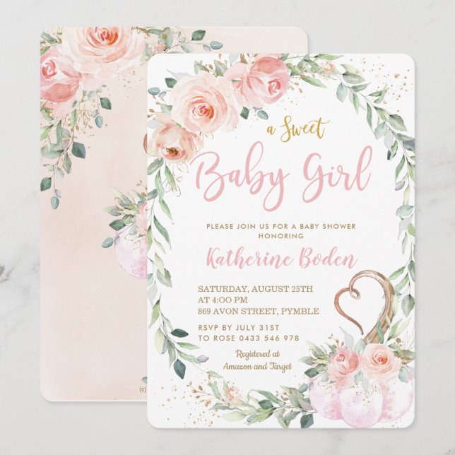 Pumpkin Blush Pink Floral Wreath Girl Baby Shower Invitation (Front/Back)