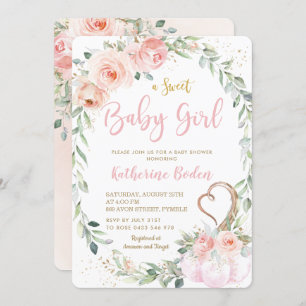 Pumpkin Blush Pink Floral Wreath Girl Baby Shower Invitation