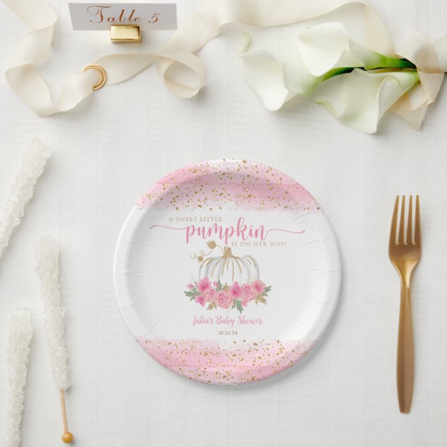 Pumpkin Blush Pink Gold Baby Girl Shower Favour Paper Plate (Wedding)