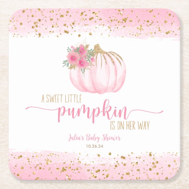 Pumpkin Blush Pink Gold Baby Girl Shower Favour Square Paper Coaster (Front)