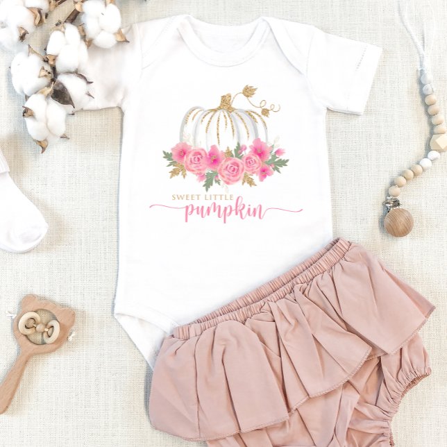 Pumpkin Blush Pink Gold Floral Fall Baby Girl Baby Bodysuit (Creator Uploaded)