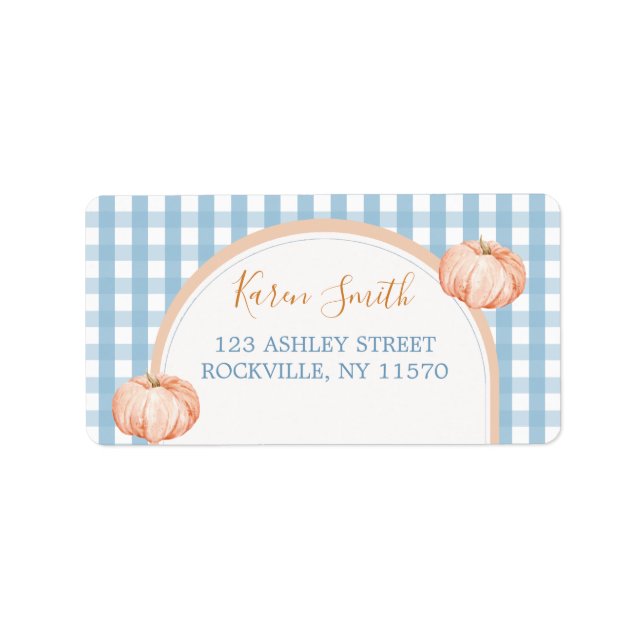 Pumpkin Boho Blue Gingham 1st Birthday Address Label (Front)