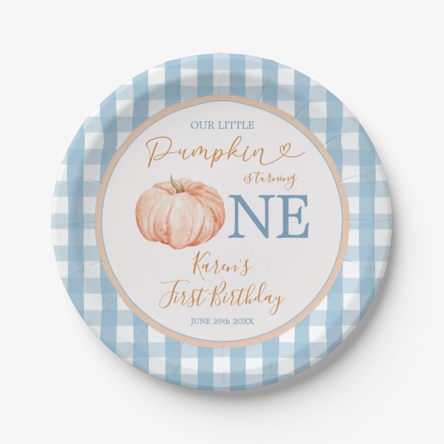 Pumpkin Boho Blue Gingham 1st Birthday Paper Plate (Front)