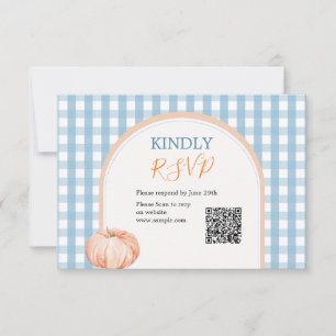 Pumpkin Boho Blue Gingham 1st Birthday Rsvp Thank You Card