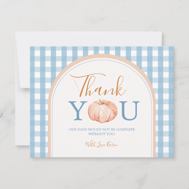 Pumpkin Boho Blue Gingham 1st Birthday Thank You Card (Front)