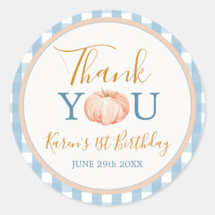 Pumpkin Boho Blue Gingham 1st Birthday Thank You Classic Round Sticker