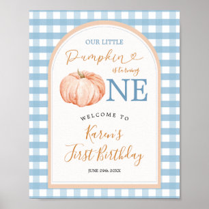 Pumpkin Boho Blue Gingham 1st Birthday Welcome Poster