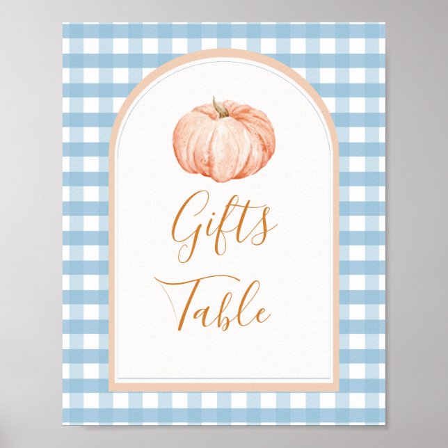 Pumpkin Boho Blue Gingham Gifts Table Sign (Front)