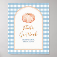 Pumpkin Boho Blue Gingham Photo Guestbook Sign