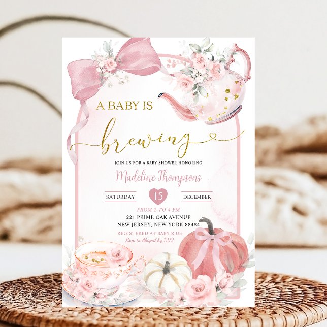 Pumpkin Boho Pink Baby Brewing Baby Shower Invitation (Creator Uploaded)