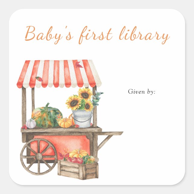 Pumpkin bookplate - baby's first library square sticker (Front)