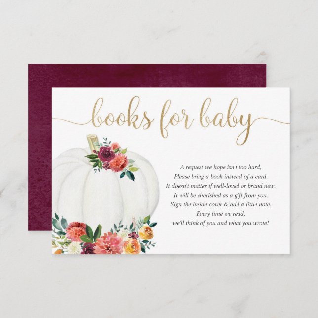 Pumpkin books for baby gender neutral fall floral enclosure card (Front/Back)