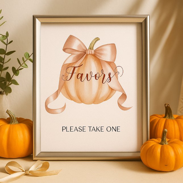 Pumpkin Bow Baby Shower Favours Table Sign Poster (Creator Uploaded)