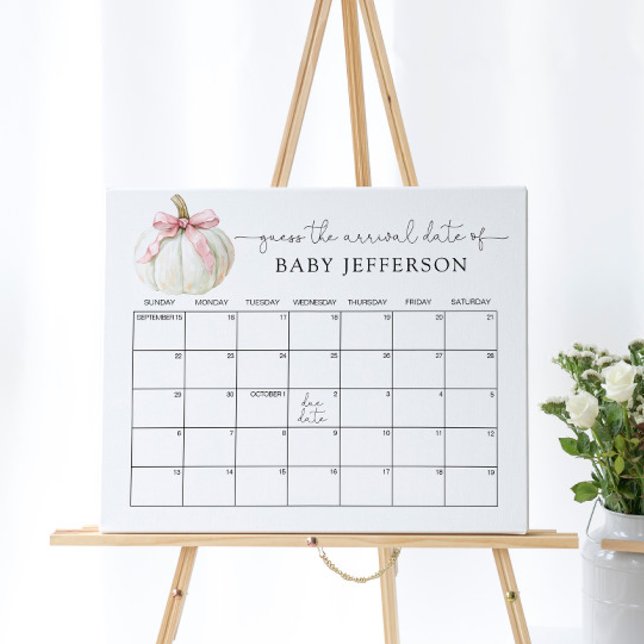 Pumpkin & Bow Baby Shower Guess Due Date Calendar Poster (Creator Uploaded)