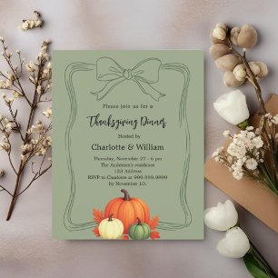 Pumpkin bow moss green Thanksgiving invitation