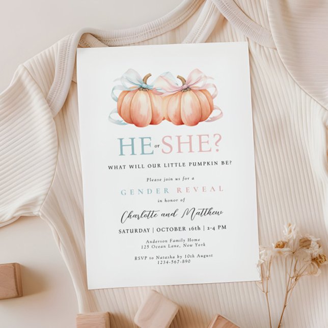 Pumpkin Bow Pink Blue Gender Reveal Invitation (Creator Uploaded)