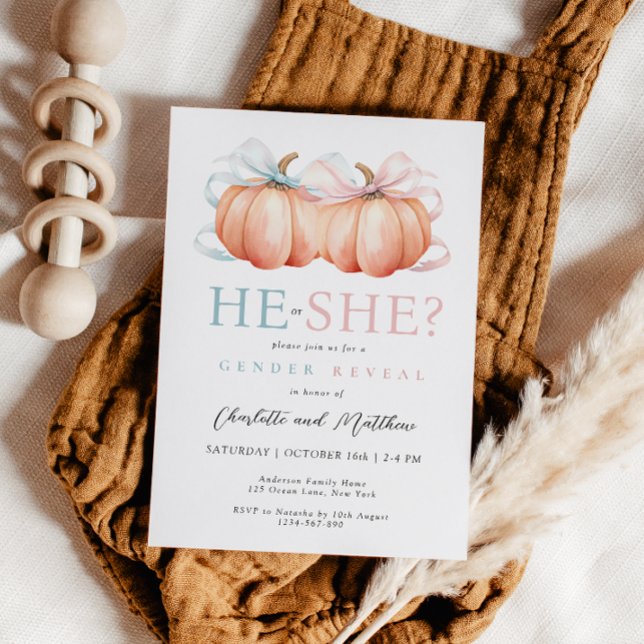 Pumpkin Bow Pink Blue Gender Reveal Invitation (Creator Uploaded)