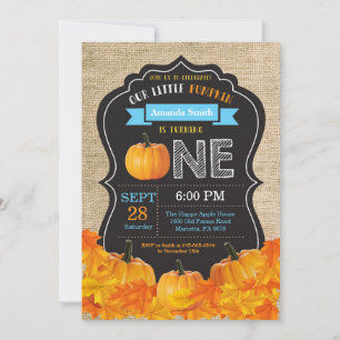 Pumpkin Boy First Birthday Invitation Blue Burlap
