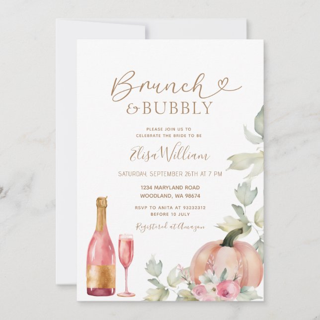 Pumpkin Brunch and Bubbly Autumn Bridal Shower Invitation (Front)
