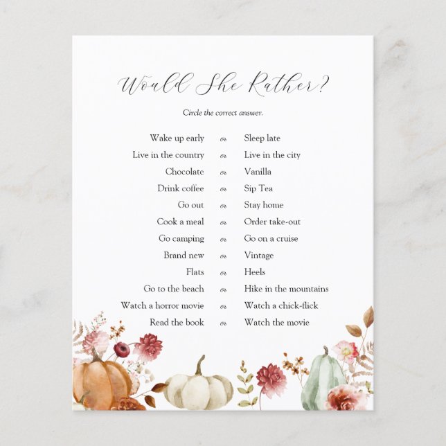 Pumpkin Burgundy Floral Would She Rather Game (Front)