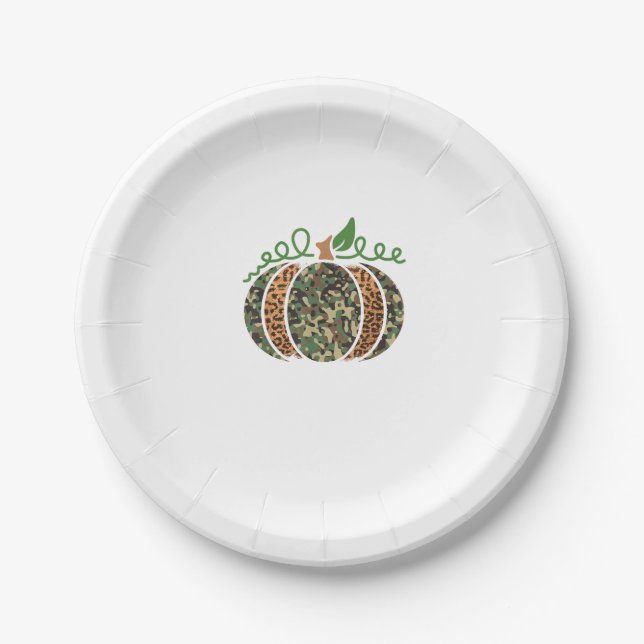 Pumpkin Camo Leopard Print Thanksgiving It's Fall  Paper Plate (Front)