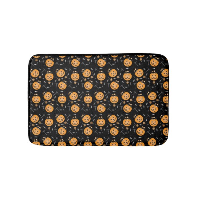 Pumpkin Candy Bucket Pattern Orange Black Bath Mat (Front)