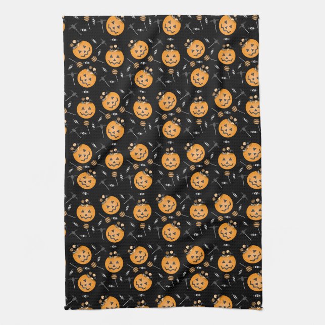 Pumpkin Candy Bucket Trick Or Treat Orange Black Tea Towel (Vertical)